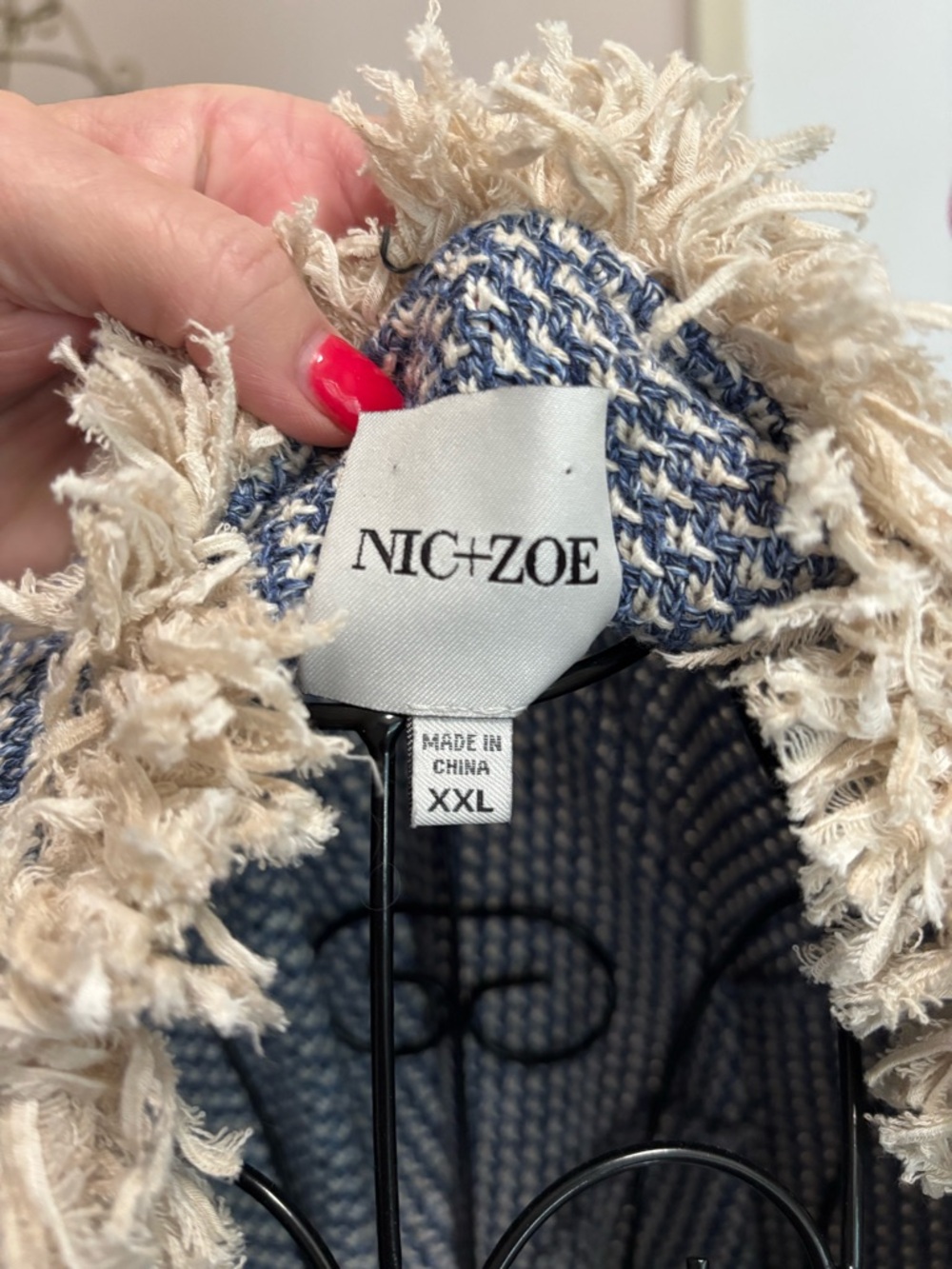NIC+ZOE Navy and Cream Fringe Trim Open Cardigan - Picture 8 of 10